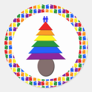 Gay Men Rainbow Christmas Tree and Presents Classic Round Sticker