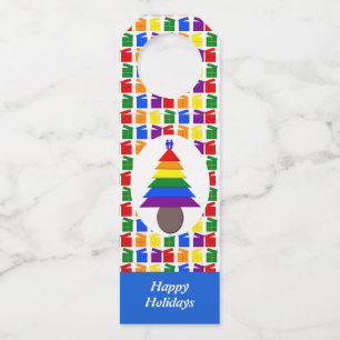 Gay Men Rainbow Christmas Tree and Presents Custom Bottle Tag