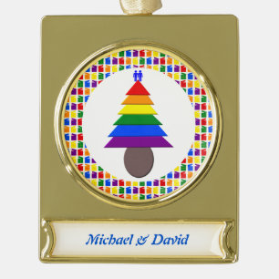 Gay Men Rainbow Christmas Tree and Presents Custom Gold Plated Banner Ornament