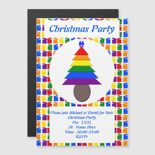 Gay Men Rainbow Christmas Tree and Presents Custom Magnetic Invitation