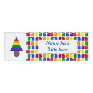 Gay Men Rainbow Christmas Tree and Presents Custom Name Tag