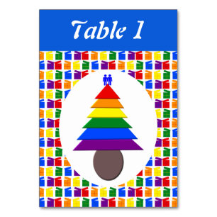 Gay Men Rainbow Christmas Tree and Presents Custom Table Number