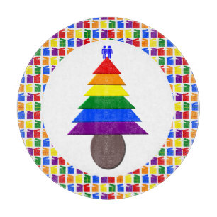 Gay Men Rainbow Christmas Tree and Presents Cutting Board