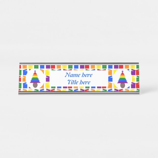Gay Men Rainbow Christmas Tree and Presents Desk Name Plate (Front)