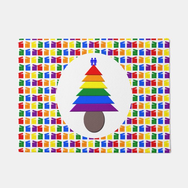 Gay Men Rainbow Christmas Tree and Presents Doormat (Front)