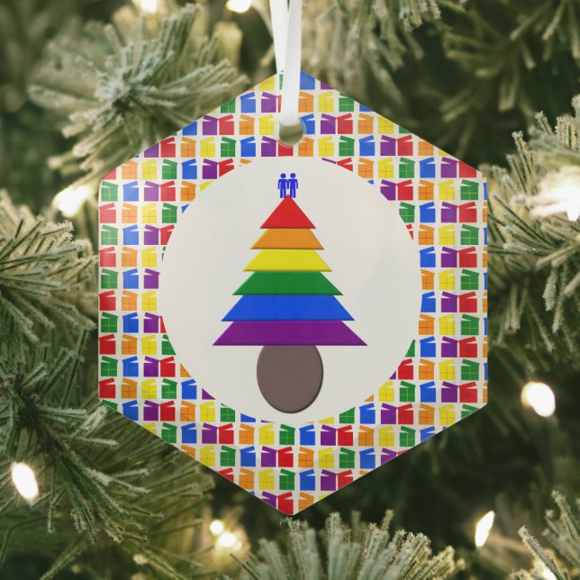 Gay Men Rainbow Christmas Tree and Presents Glass Tree Decoration (Insitu)