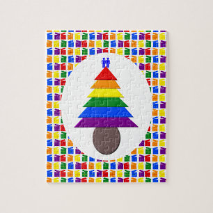 Gay Men Rainbow Christmas Tree and Presents Jigsaw Puzzle