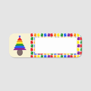 Gay Men Rainbow Christmas Tree and Presents Name Tag