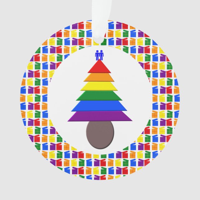 Gay Men Rainbow Christmas Tree and Presents Ornament (Front)