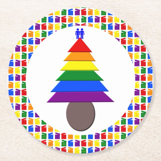 Gay Men Rainbow Christmas Tree and Presents Round Paper Coaster (Front)