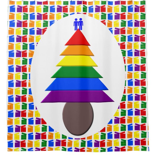 Gay Men Rainbow Christmas Tree and Presents Shower Curtain (Front)