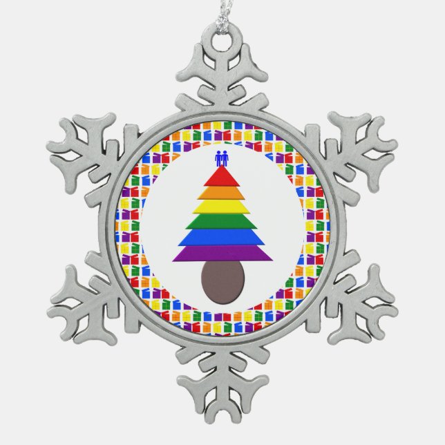 Gay Men Rainbow Christmas Tree and Presents Snowflake Pewter Christmas Ornament (Front)
