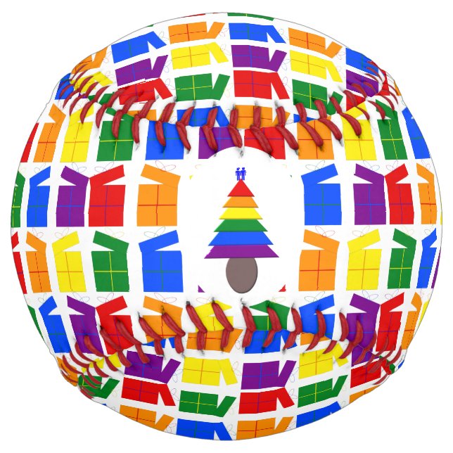 Gay Men Rainbow Christmas Tree and Presents Softball (Front)