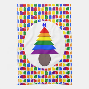 Gay Men Rainbow Christmas Tree and Presents Tea Towel