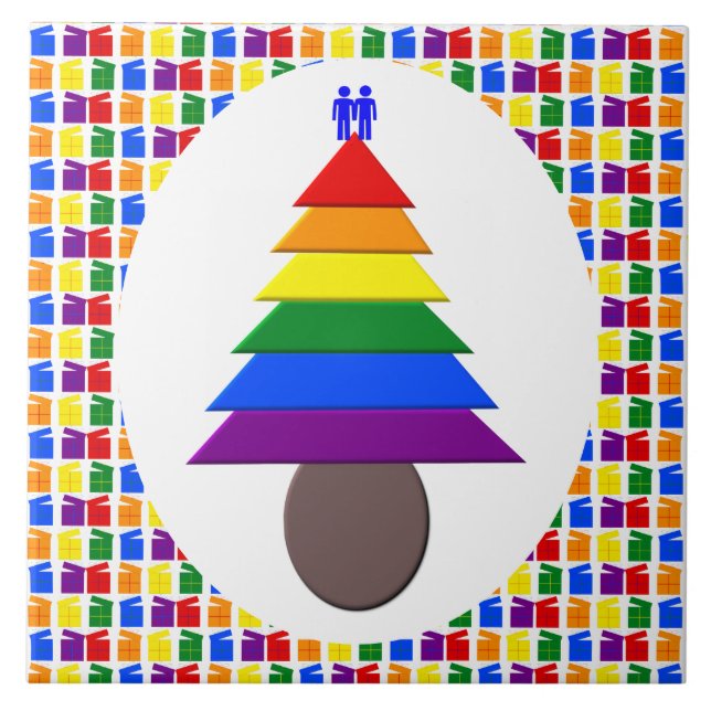 Gay Men Rainbow Christmas Tree and Presents Tile (Front)