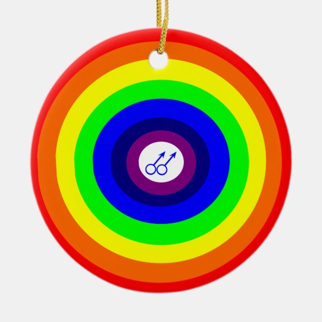 Gay Men Round Rainbow Pendant Ceramic Tree Decoration (Front)