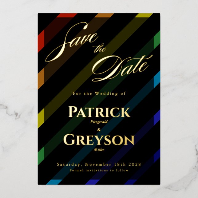 Gay Men Wedding Elegant Rainbow Gold Save-the-Date (Front)