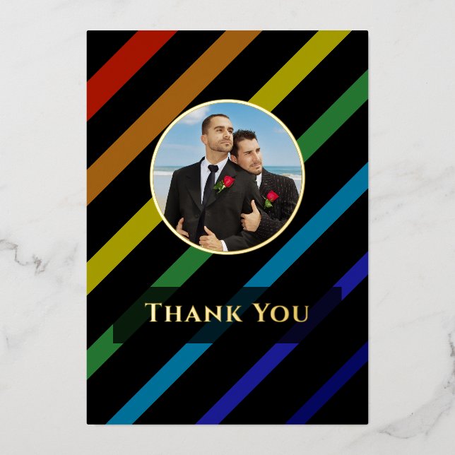 Gay Men Wedding Elegant Rainbow Photo Gold Foil Holiday Card (Front)