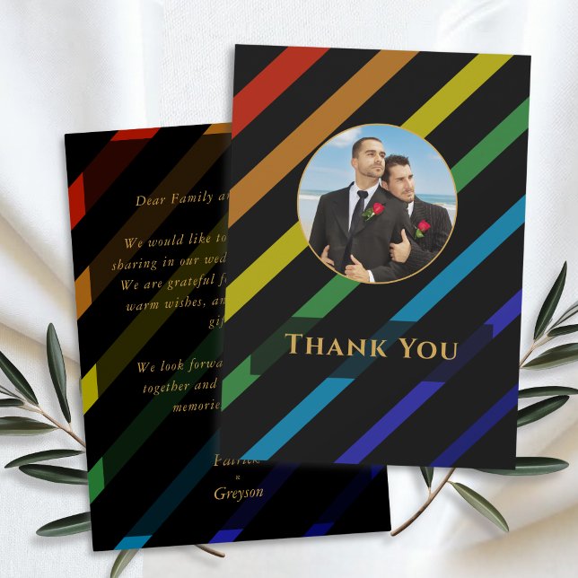 Gay Men Wedding Elegant Rainbow Photo Thank You Card (Creator Uploaded)