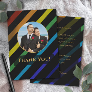 Gay Men Wedding Elegant Rainbow Photo Thank You Card