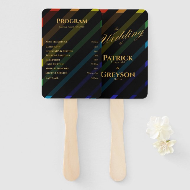 Gay Men Wedding Elegant Rainbow Program Hand Fan (Front and Back)
