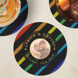 Gay Men Wedding Photo Elegant Rainbow Round Paper Coaster