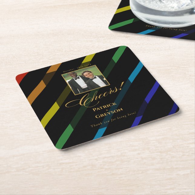 Gay Men Wedding Photo Elegant Rainbow Square Paper Coaster (Angled)