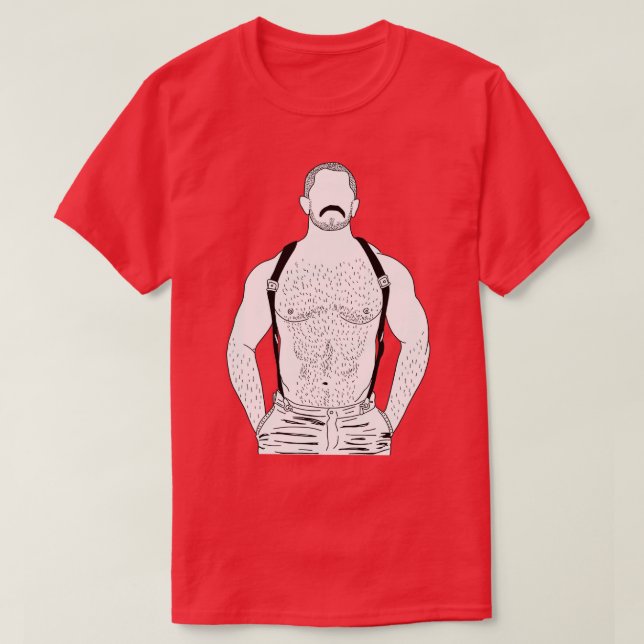 Gay muscle bear with suspenders T-Shirt (Design Front)