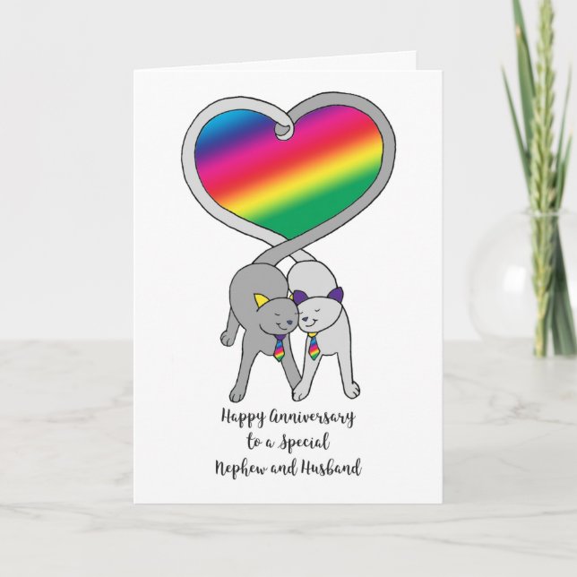 Gay Nephew & Husband Anniversary Rainbow Cats Card (Front)