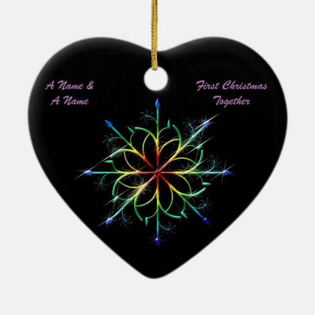 Gay Newly Weds First Christmas Pride Snowflake Ceramic Tree Decoration (Back)