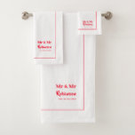 Gay Newlyweds Mr & Mr Personalised Large Bath Towel Set<br><div class="desc">Stylish Mr and Mr personalised towel set for the newlywed grooms in a white and red,  with editable script,  name and established wedding date</div>