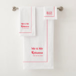 Gay Newlyweds Mr & Mr Personalised Large Bath Towel Set<br><div class="desc">Stylish Mr and Mr personalised towel set for the newlywed grooms in a white and red,  with editable script,  name and established wedding date</div>
