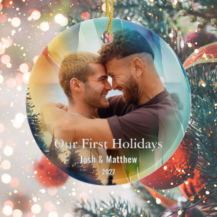 Gay Our First Holidays Photo Rainbow Ceramic Tree Decoration