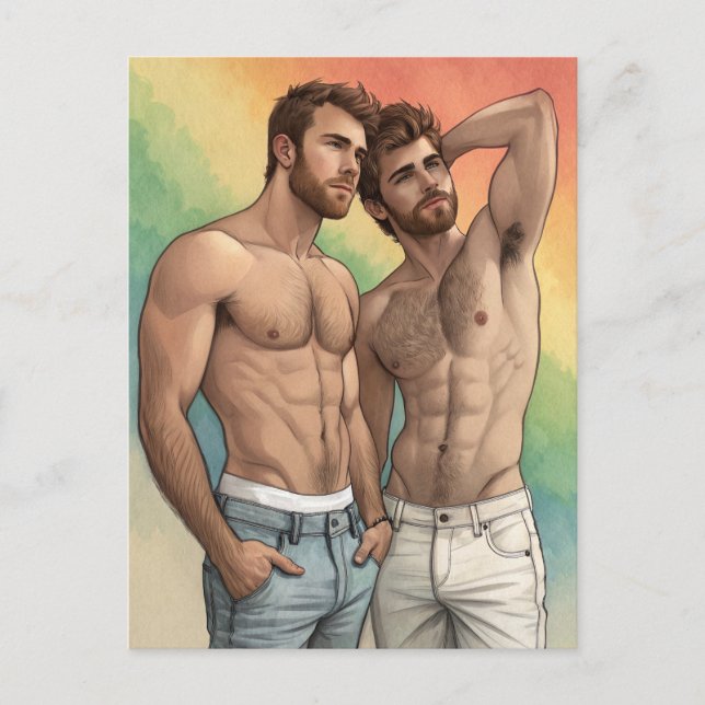 Gay Pride Affection: Watercolor Duo Postcard (Front)