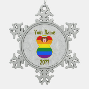 Gay Pride Angel Rainbow Flag Auburn Hair Snowflake Pewter Christmas Ornament