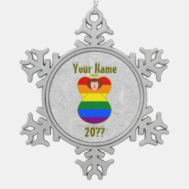 Gay Pride Angel Rainbow Flag Auburn Hair Snowflake Pewter Christmas Ornament (Front)