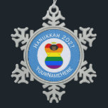 Gay Pride Black Angel Hanukkah Flag Personalised  Snowflake Pewter Christmas Ornament<br><div class="desc">African angel dressed in the Gay Pride Rainbow Flag on this snowflake pewter ornament for Hanukkah decor. The African Gay Pride angel flies in the centre of a circle of white squiggly squares surrounded by a background of blue squiggly squares for Hanukkah. Add your own text, or, personalise with a...</div>