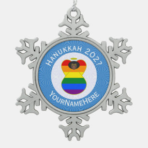 Gay Pride Black Angel Hanukkah Flag Personalised  Snowflake Pewter Christmas Ornament