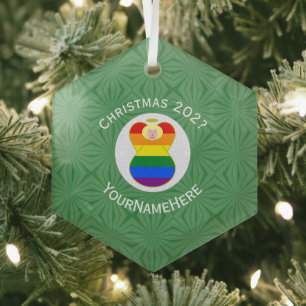 Gay Pride Blonde Angel Christmas Flag Personalised Glass Tree Decoration