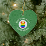 Gay Pride Blonde Angel Hanukkah Flag Personalized  Ceramic Tree Decoration<br><div class="desc">Blond angel wearing the Gay Pride Rainbow flag on a heart shaped ceramic ornament for Christmas decor. The blond Gay Pride angel flies inside a white circle of squiggly squares surrounded by a background of green squiggly squares for Christmas cheer. Add your own text or personalize with a name and...</div>