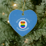 Gay Pride Brown Angel Hanukkah Flag Personalised  Ceramic Tree Decoration<br><div class="desc">Dark skinned angel, could be LatinX or Asian, wears the Gay Pride Rainbow Flag on this heart shaped ceramic ornament, designed for families with multiple religions, for holiday or Hanukkah decor. The Gay Pride Hanukkah Angel for LGBTQ is inside a circle of white squiggly squares surrounded by a background of...</div>