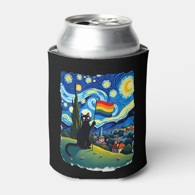 Gay Pride Cat Art Cat Starry Night Style LGBTQ Pri Can Cooler (Can Front)