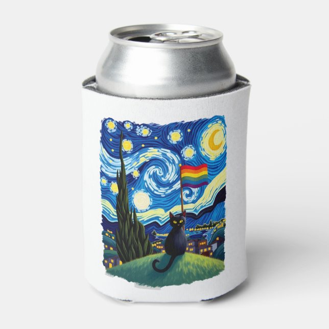 Gay Pride Cat Art Cat Starry Night Style LGBTQ Pri Can Cooler (Can Front)