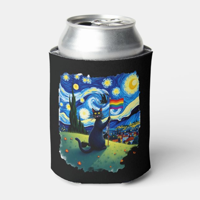 Gay Pride Cat Art Cat Starry Night Style LGBTQ Pri Can Cooler (Can Front)