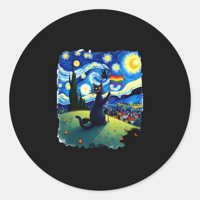 Gay Pride Cat Art Cat Starry Night Style LGBTQ Pri Classic Round Sticker (Front)