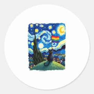 Gay Pride Cat Art Cat Starry Night Style LGBTQ Pri Classic Round Sticker