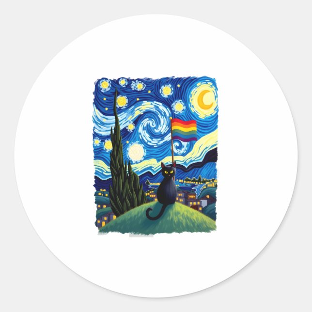 Gay Pride Cat Art Cat Starry Night Style LGBTQ Pri Classic Round Sticker (Front)
