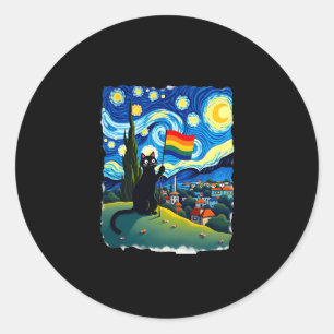 Gay Pride Cat Art Cat Starry Night Style LGBTQ Pri Classic Round Sticker