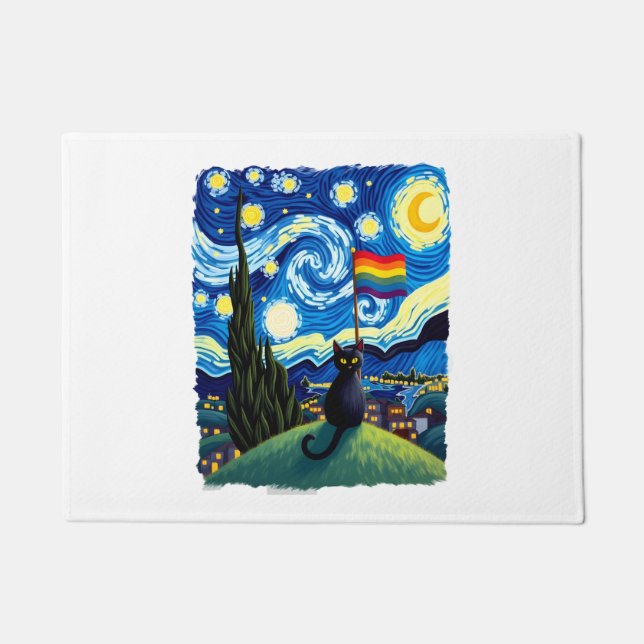 Gay Pride Cat Art Cat Starry Night Style LGBTQ Pri Doormat (Front)