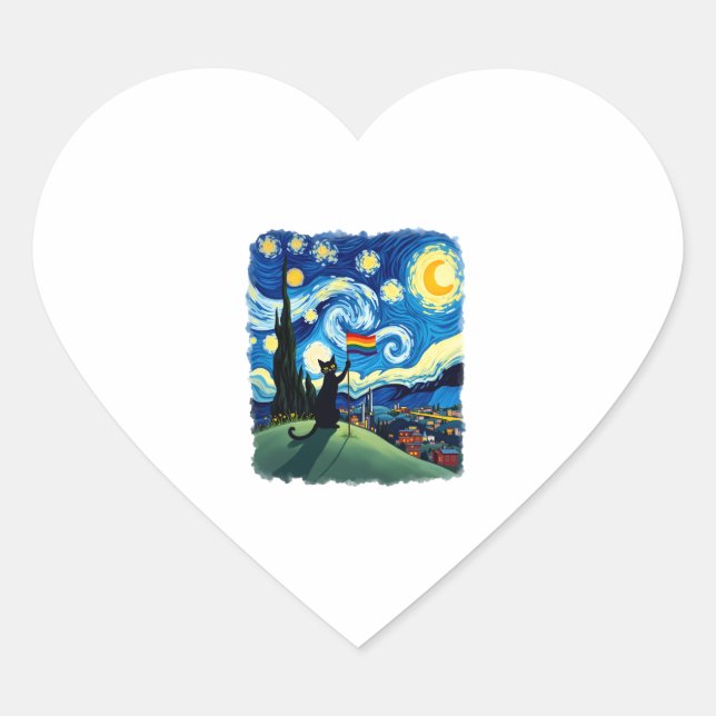 Gay Pride Cat Art Cat Starry Night Style LGBTQ Pri Heart Sticker (Front)
